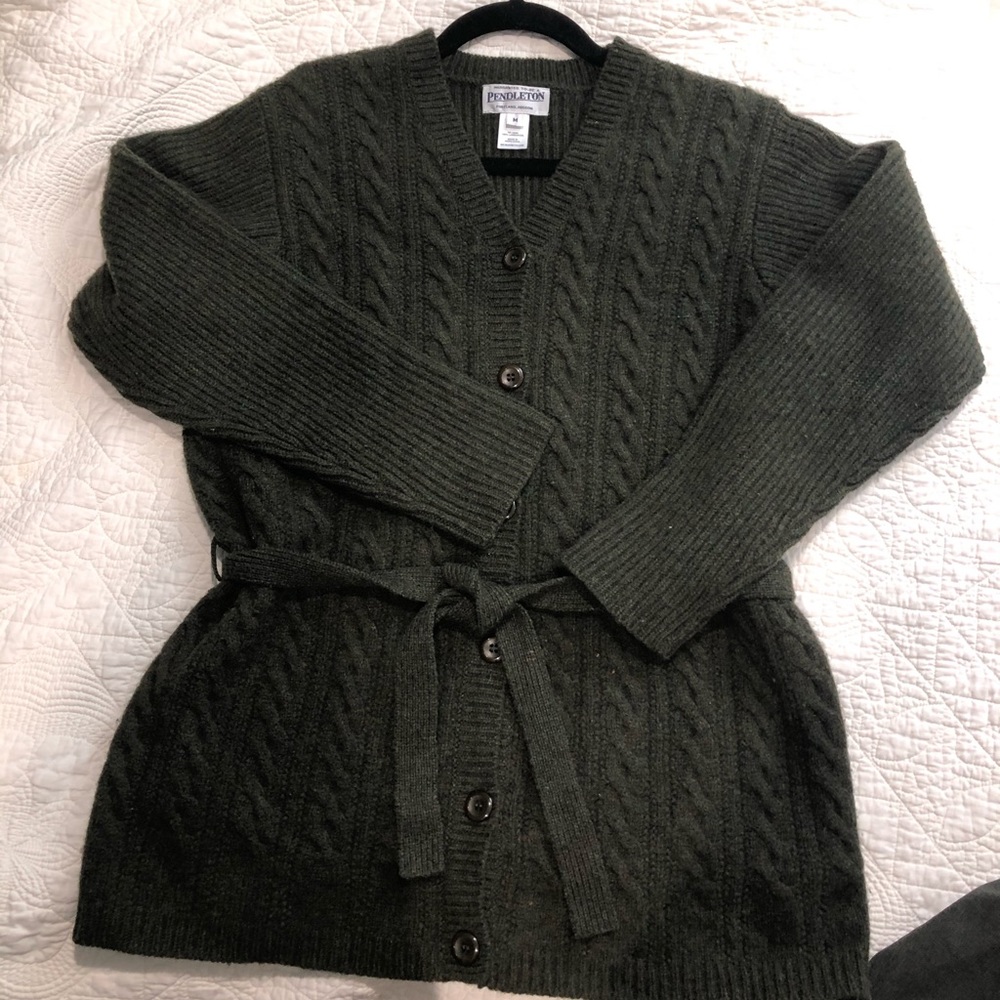 Pendleton Wool Cabled cardigan with Belt Dark Green Hip Length academia
